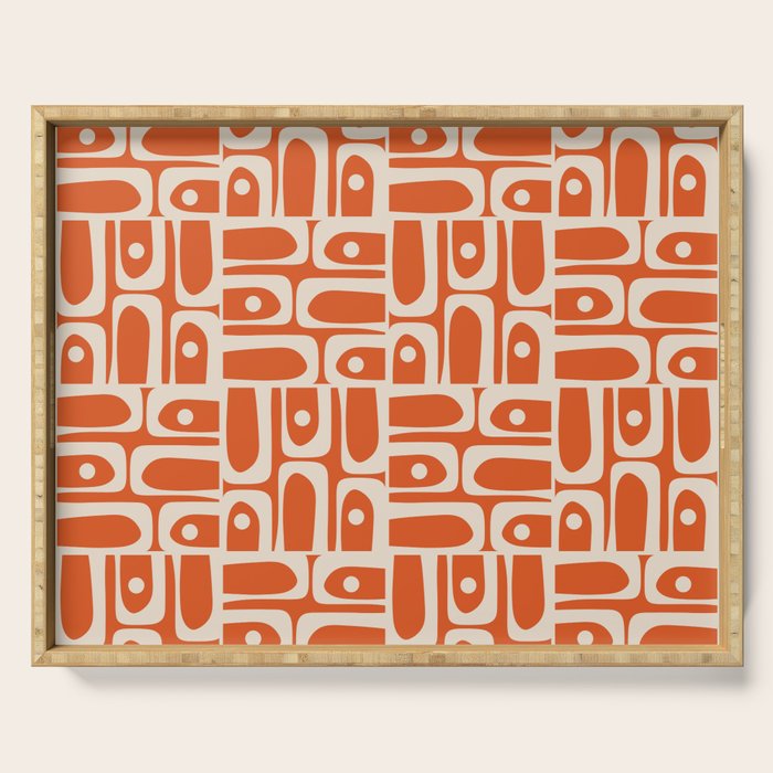Mid Century Modern Piquet Geometric Multi Pattern in Orange Spice and Beige Serving Tray Gallery Image 1