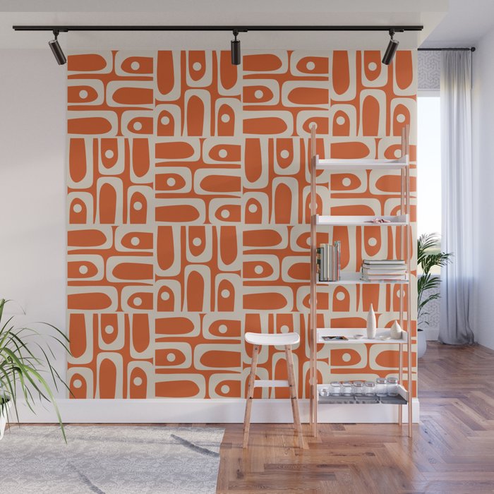 Mid Century Modern Piquet Geometric Multi Pattern in Orange Spice and Beige Wall Mural Gallery Image 1