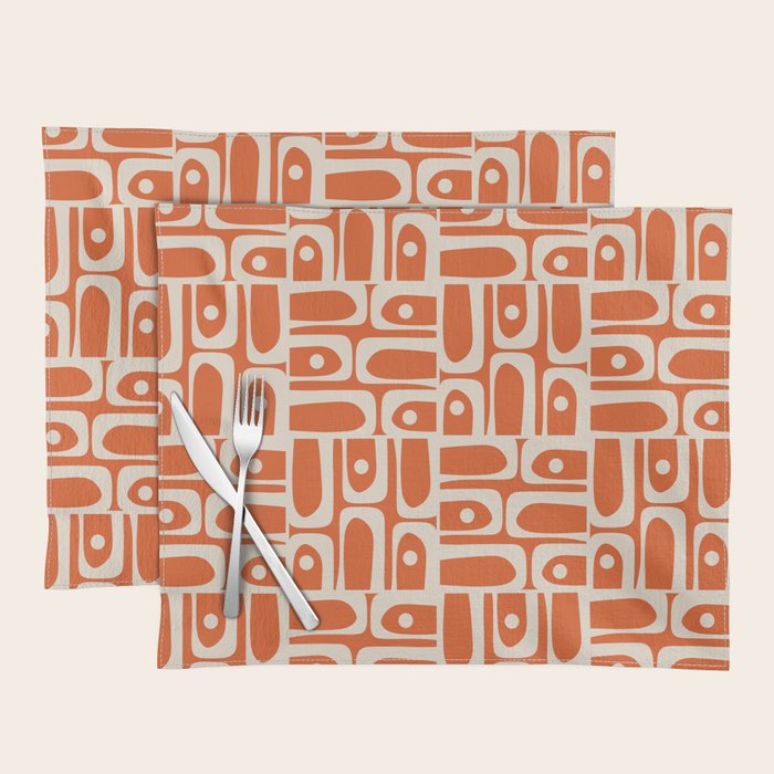 Mid Century Modern Piquet Geometric Multi Pattern in Orange Spice and Beige Placemat Gallery Image 1
