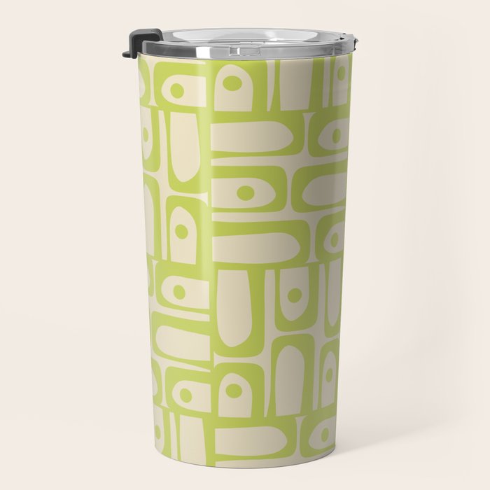 Mid Century Modern Piquet Abstract Multi Pattern Light Lime Linden Green Beige Travel Mug Gallery Image 3