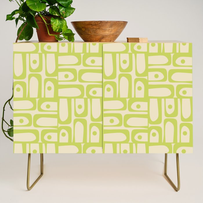 Mid Century Modern Piquet Abstract Multi Pattern Light Lime Linden Green Beige Credenza Gallery Image 1