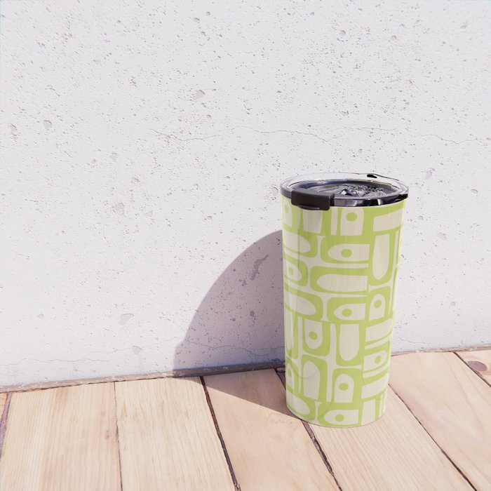 Mid Century Modern Piquet Abstract Multi Pattern Light Lime Linden Green Beige Travel Mug Gallery Image 4