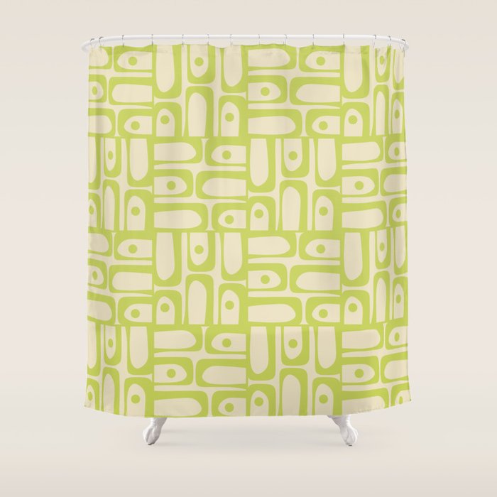 Mid Century Modern Piquet Abstract Multi Pattern Light Lime Linden Green Beige Shower Curtain Gallery Image 1
