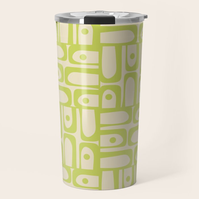 Mid Century Modern Piquet Abstract Multi Pattern Light Lime Linden Green Beige Travel Mug Gallery Image 1