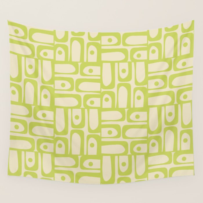 Mid Century Modern Piquet Abstract Multi Pattern Light Lime Linden Green Beige Wall Tapestry Gallery Image 1