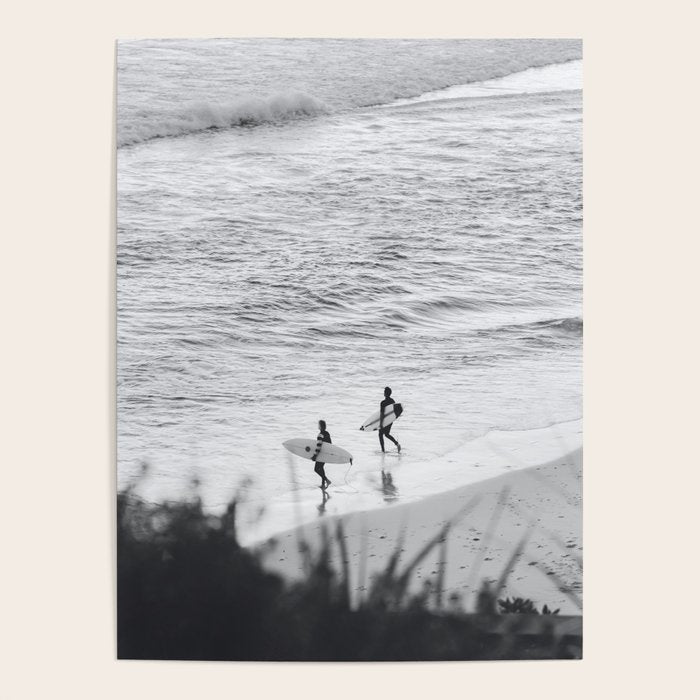 Surfers | Minimalist Black White Photography | Ocean Beach Travel Photo Poster Gallery Image 1