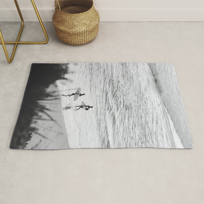 Surfers | Minimalist Black White Photography | Ocean Beach Travel Photo Rug Gallery Image 1