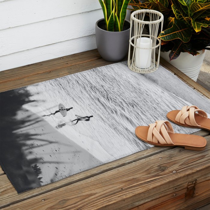 Surfers | Minimalist Black White Photography | Ocean Beach Travel Photo Outdoor Rug Gallery Image 2