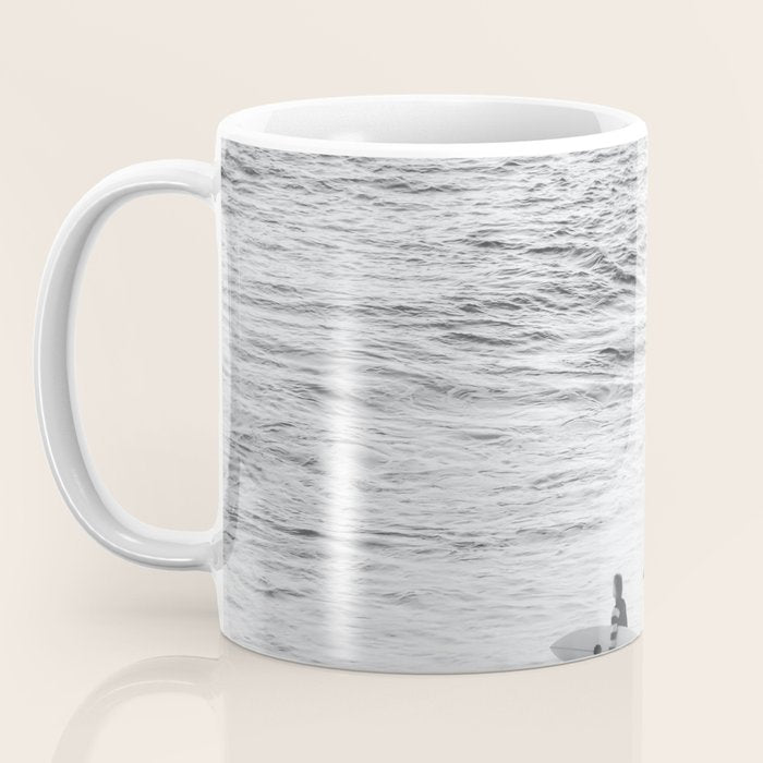 Surfers | Minimalist Black White Photography | Ocean Beach Travel Photo Coffee Mug Gallery Image 3