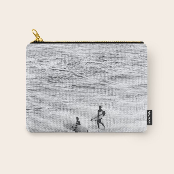 Surfers | Minimalist Black White Photography | Ocean Beach Travel Photo Carry All Pouch Gallery Image 1