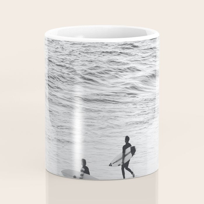 Surfers | Minimalist Black White Photography | Ocean Beach Travel Photo Coffee Mug Gallery Image 4