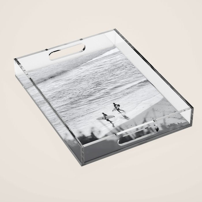 Surfers | Minimalist Black White Photography | Ocean Beach Travel Photo Acrylic Tray Gallery Image 1