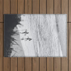 Surfers | Minimalist Black White Photography | Ocean Beach Travel Photo Outdoor Rug Gallery Image 1