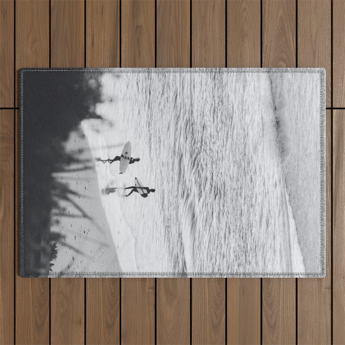 Surfers | Minimalist Black White Photography | Ocean Beach Travel Photo Outdoor Rug Gallery Image 1