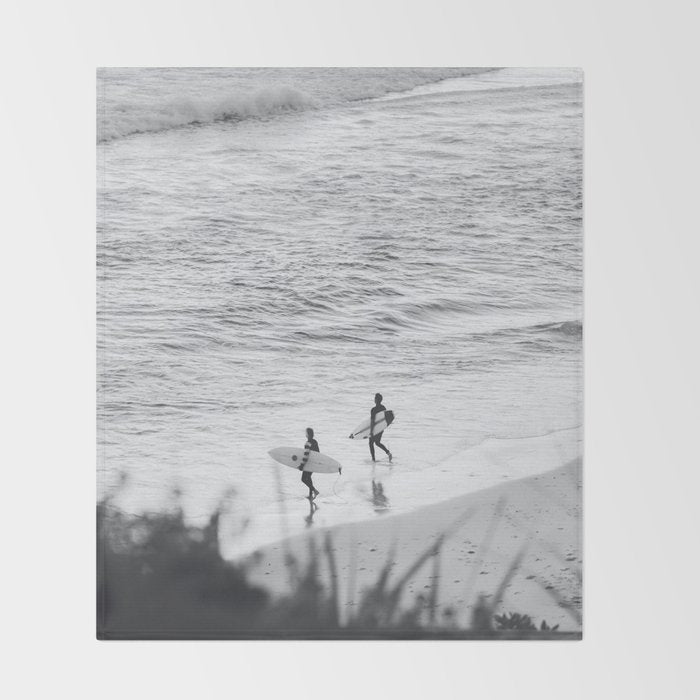 Surfers | Minimalist Black White Photography | Ocean Beach Travel Photo Throw Blanket Gallery Image 2