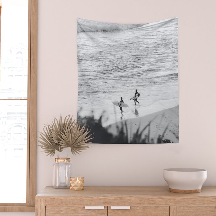 Surfers | Minimalist Black White Photography | Ocean Beach Travel Photo Wall Tapestry Gallery Image 2