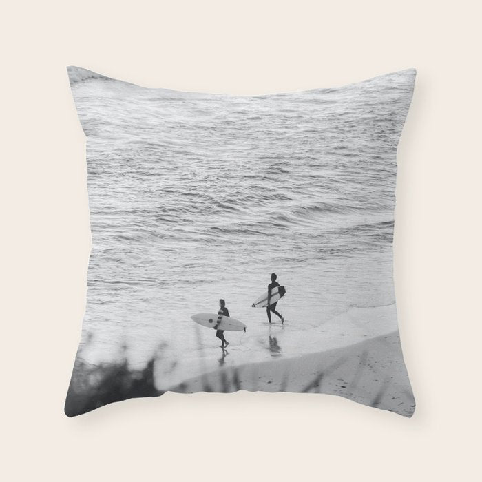 Surfers | Minimalist Black White Photography | Ocean Beach Travel Photo Throw Pillow Gallery Image 1