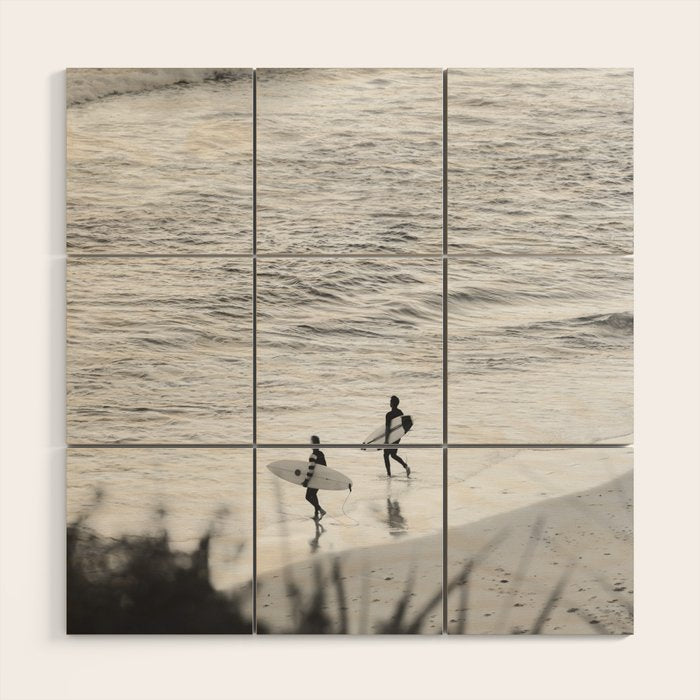 Surfers | Minimalist Black White Photography | Ocean Beach Travel Photo Wood Wall Art Gallery Image 1