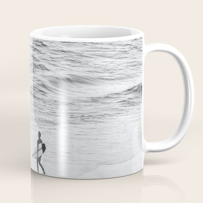 Surfers | Minimalist Black White Photography | Ocean Beach Travel Photo Coffee Mug Gallery Image 1