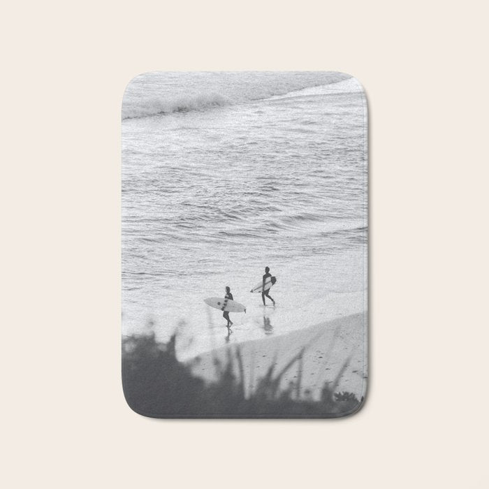 Surfers | Minimalist Black White Photography | Ocean Beach Travel Photo Bath Mat Gallery Image 1