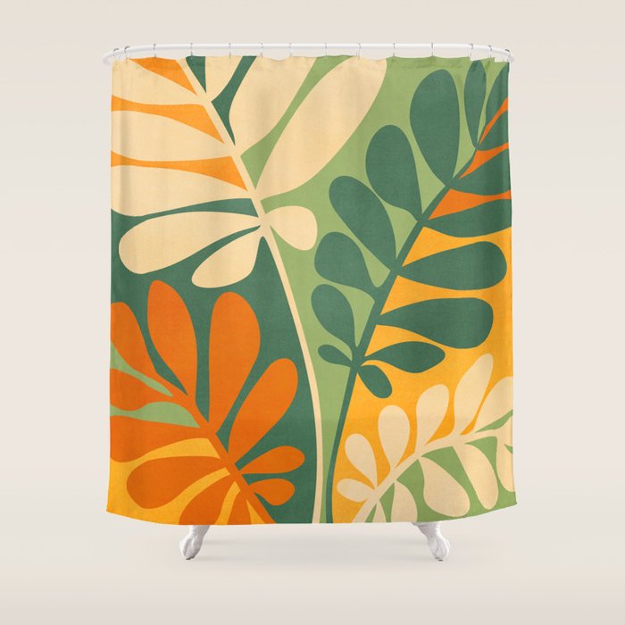 Retro Earthy Floral in Green and Orange Shower Curtain Gallery Image 1