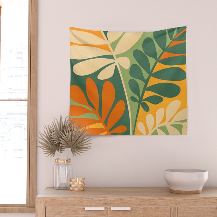 Retro Earthy Floral in Green and Orange Wall Tapestry Gallery Image 2