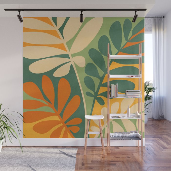 Retro Earthy Floral in Green and Orange Wall Mural Gallery Image 1