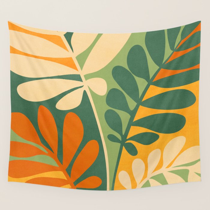 Retro Earthy Floral in Green and Orange Wall Tapestry Gallery Image 4