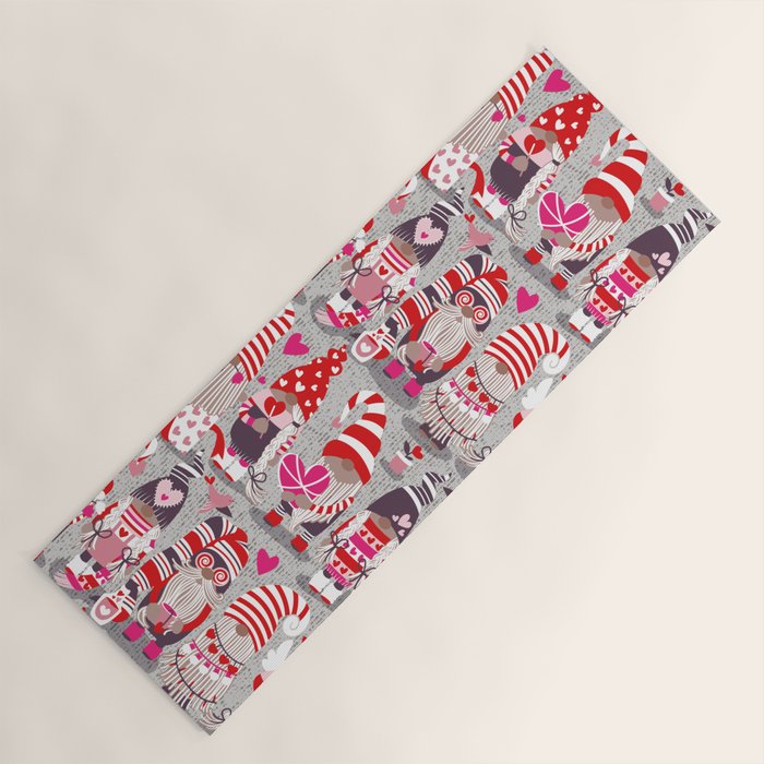 I gnome you more // grey background red and pink Valentine's Day gnomes and motifs Yoga Mat Gallery Image 1
