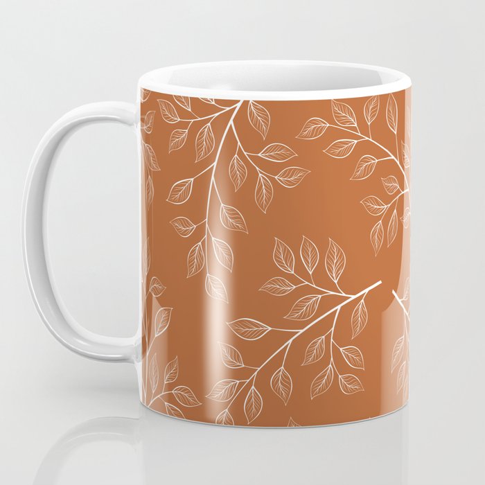 Delicate White Leaves and Branch on a Rust Orange Background Coffee Mug Gallery Image 3