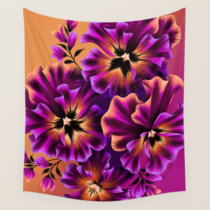 Pansies Floral - Peach and Purple Wall Tapestry Gallery Image 1