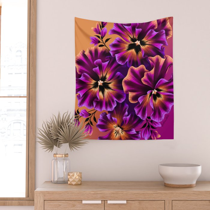 Pansies Floral - Peach and Purple Wall Tapestry Gallery Image 2