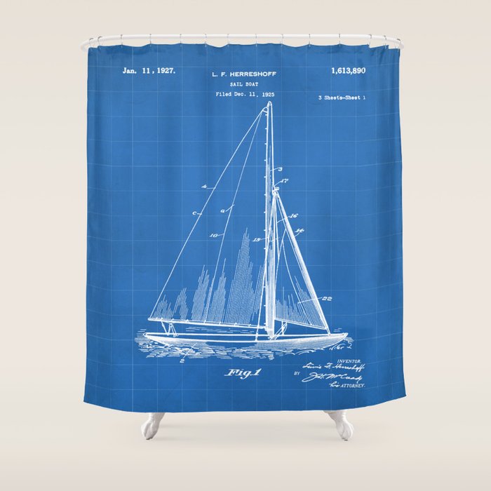 Sailboat Patent - Yacht Art - Blueprint Shower Curtain Gallery Image 1