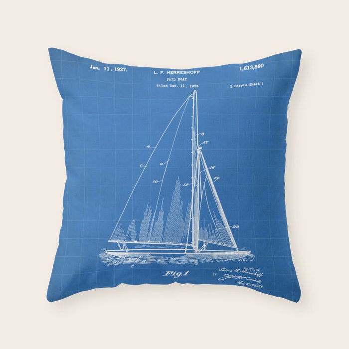 Sailboat Patent - Yacht Art - Blueprint Throw Pillow Gallery Image 1