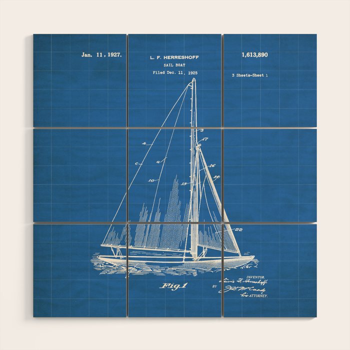 Sailboat Patent - Yacht Art - Blueprint Wood Wall Art Gallery Image 1