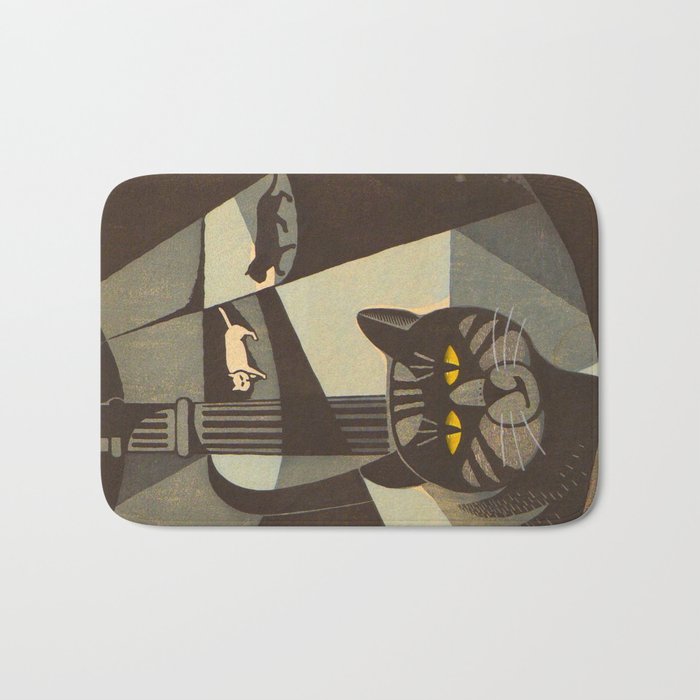 Inagaki Tomoo Vintage Japanese Woodblock print mid century Modern Cubism Art Cats Feline Bath Mat Gallery Image 1