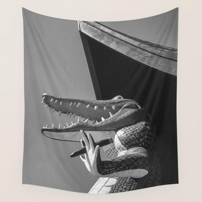 Gatorland Zoo alligator statue Route 1 St. Augustine, Florida everglades black and white photograph Wall Tapestry Gallery Image 4