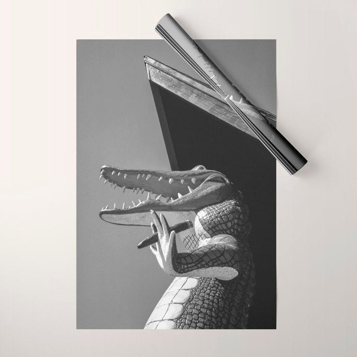 Gatorland Zoo alligator statue Route 1 St. Augustine, Florida everglades black and white photograph Wrapping Paper Gallery Image 1