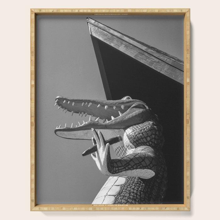 Gatorland Zoo alligator statue Route 1 St. Augustine, Florida everglades black and white photograph Serving Tray Gallery Image 1