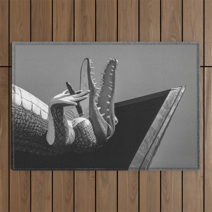 Gatorland Zoo alligator statue Route 1 St. Augustine, Florida everglades black and white photograph Outdoor Rug Gallery Image 1