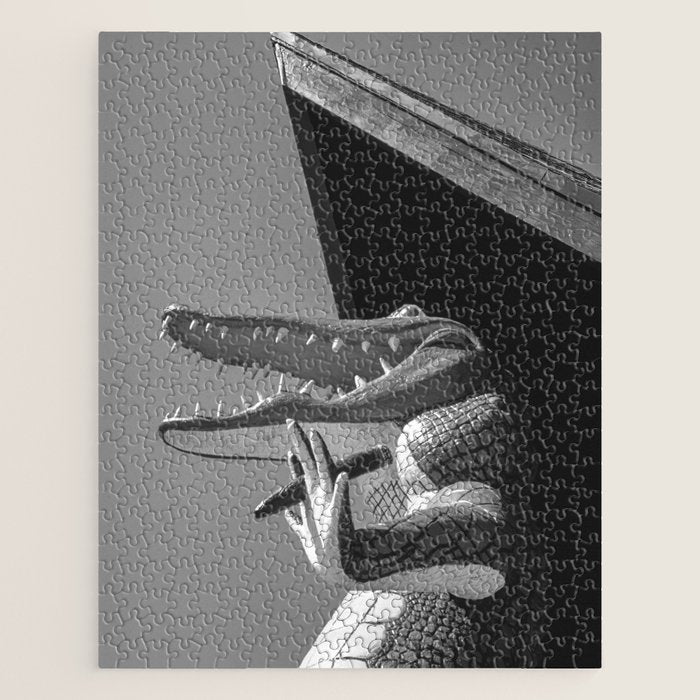 Gatorland Zoo alligator statue Route 1 St. Augustine, Florida everglades black and white photograph Jigsaw Puzzle Gallery Image 1