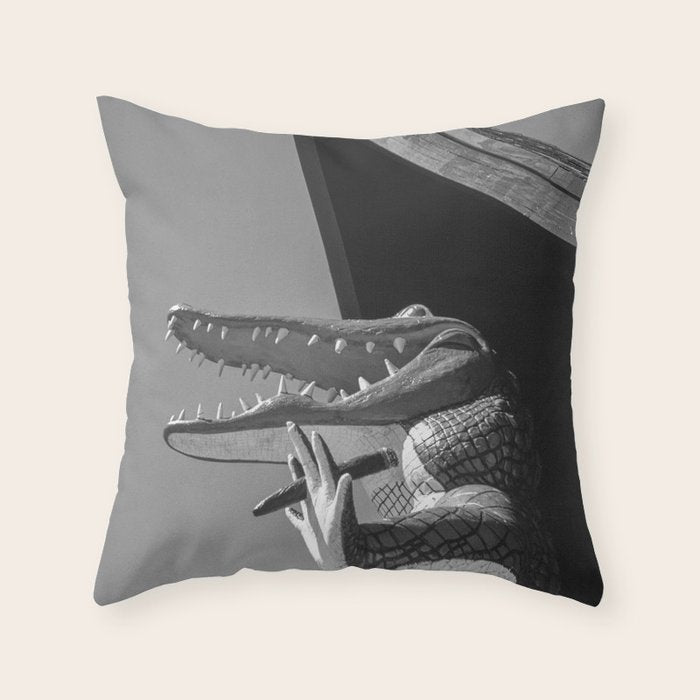 Gatorland Zoo alligator statue Route 1 St. Augustine, Florida everglades black and white photograph Throw Pillow Gallery Image 1
