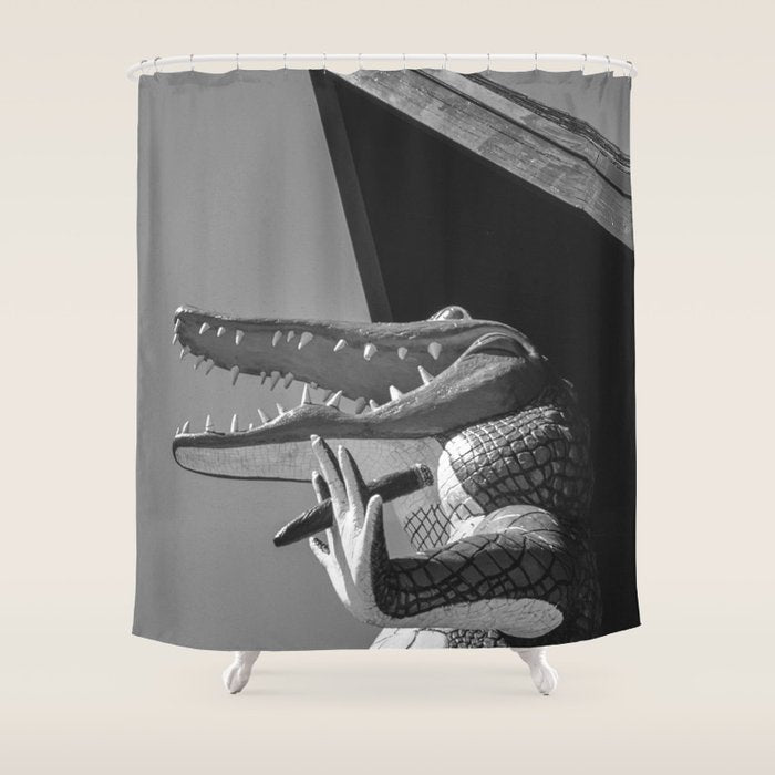Gatorland Zoo alligator statue Route 1 St. Augustine, Florida everglades black and white photograph Shower Curtain Gallery Image 1