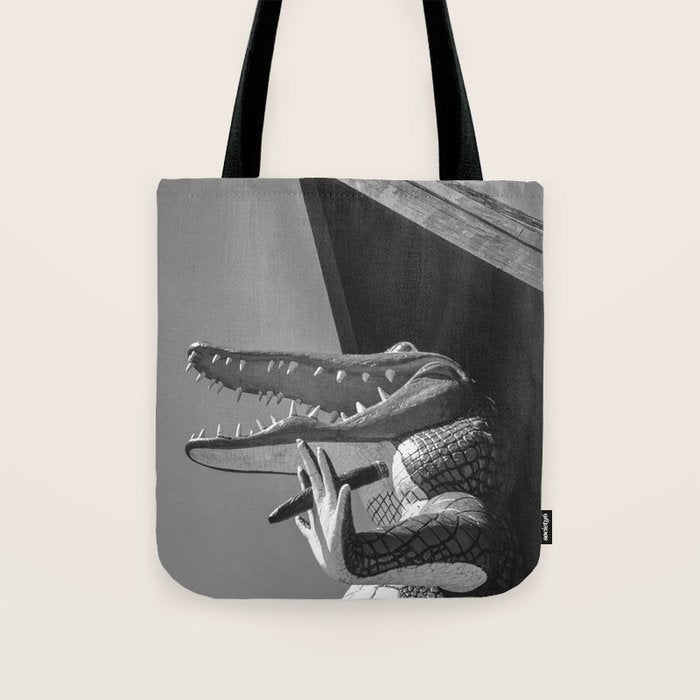 Gatorland Zoo alligator statue Route 1 St. Augustine, Florida everglades black and white photograph Tote Bag Gallery Image 1