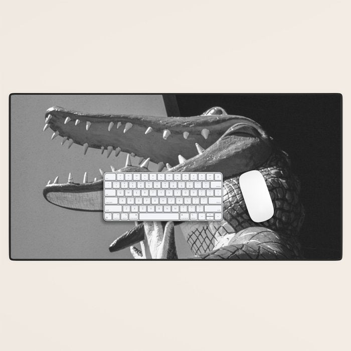 Gatorland Zoo alligator statue Route 1 St. Augustine, Florida everglades black and white photograph Desk Mat Gallery Image 1