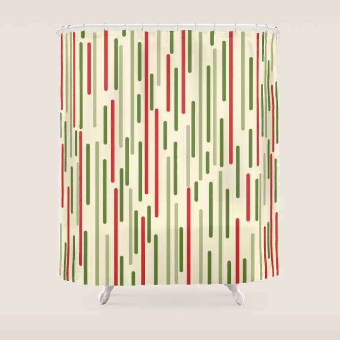 Interrupted Lines Midcentury Modern Christmas Pattern in Olive Green, Retro Xmas Red, and Cream Shower Curtain Gallery Image 1