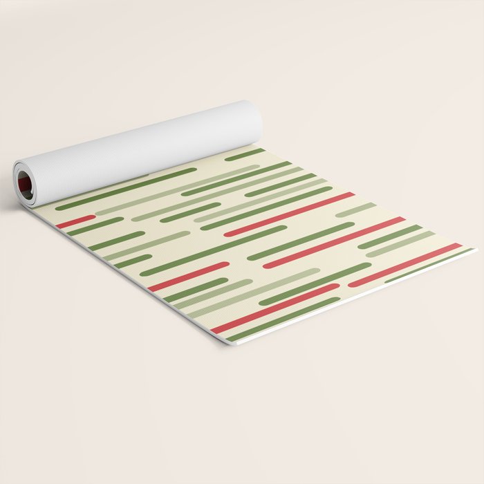 Interrupted Lines Midcentury Modern Christmas Pattern in Olive Green, Retro Xmas Red, and Cream Yoga Mat Gallery Image 2