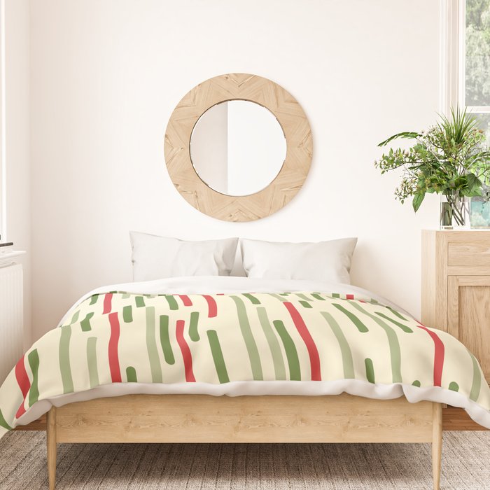 Interrupted Lines Midcentury Modern Christmas Pattern in Olive Green, Retro Xmas Red, and Cream Duvet Cover Gallery Image 3