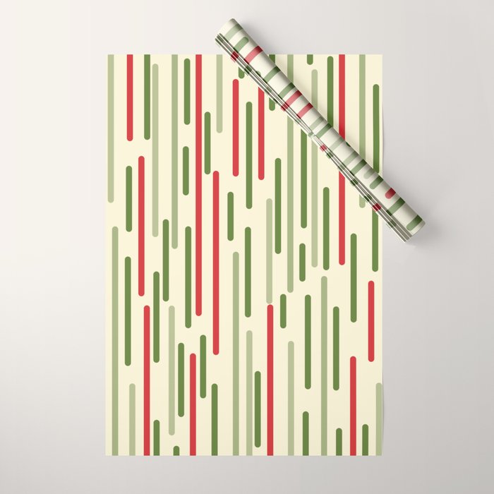 Interrupted Lines Midcentury Modern Christmas Pattern in Olive Green, Retro Xmas Red, and Cream Wrapping Paper Gallery Image 1