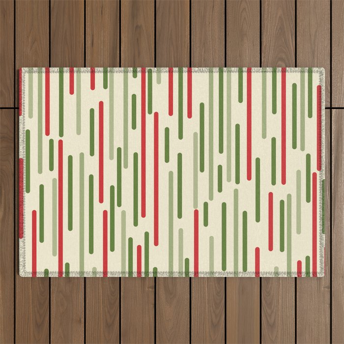 Interrupted Lines Midcentury Modern Christmas Pattern in Olive Green, Retro Xmas Red, and Cream Outdoor Rug Gallery Image 1
